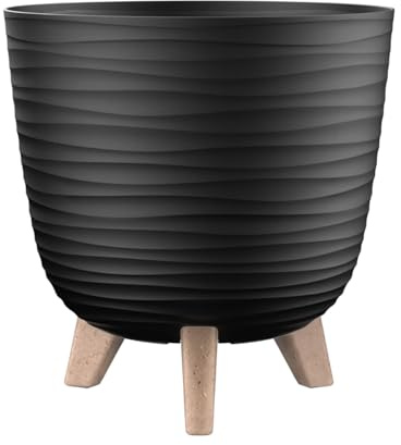 Engelland - 1 x Blumentopf mit Füßen & Bewässerungssystem, Schwarz, Ø 20 cm, Pflanzkübel, Übertopf, Wellenmuster, Innen- & Außenbereich, Drainagesystem & Wasserspeicher, rund, Kunststoff