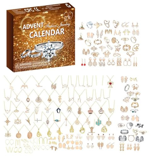 Schmuck-Adventskalender 2024, 24-Tage-Countdown-Kalender für Frauen, Weihnachten, Modeschmuck-Set, Ring, Halskette, Ohrringe, 24-teiliges Set, Weihnachtsüberraschungsgeschenk für Ehefrau, Tochter