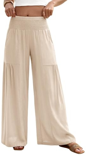 Fashora Leinenhose Damen Sommerhose Leicht und Luftig Stoffhose Weite Bein Hose Sommer Elastisch High Waist Palazzo Freizeithose Lockere Lässige Chinohose Strandhose mit Taschens