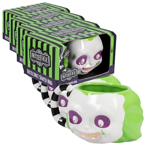 Paladone Beetlejuice Tasse in Gesichtsform, offizielles Lizenzprodukt, extra großes 3D-Keramik-Trinkgeschirr, 80er-Jahre-Film-Sammlerbecher, 650 ml (Packung mit 4)