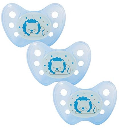 dentistar Night Silikon Schnuller 3er-Set - Größe 1 Schnuller 0-6 Monate - Glow in the Dark Nuckel mit Dentalstufe – BPA-frei – Made in Germany - Löwe, Blau