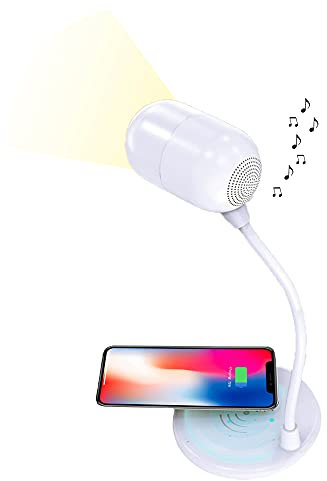 TerraTec ChargeAir Light & Sound LED Schreibtischlampe dimmbar Tischleuchte mit flexiblem Arm, 3W Bluetooth Lautsprecher, 10W Wireless QI Ladepad, mit Berührungssteuerung – weiß