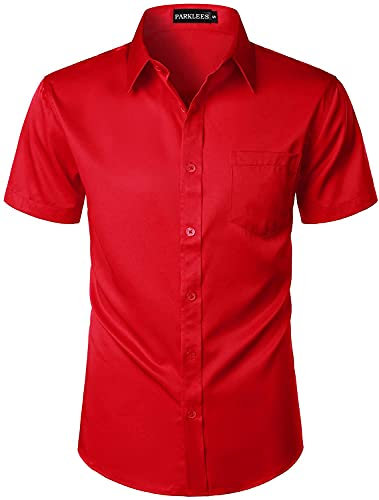 PARKLEES Mens Casual Urban Stylish Slim Fit Short Sleeve Button Up Dress Shirt with Pocket Red S
