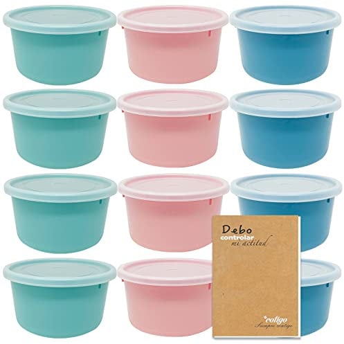 Codil - Juego de envases de plástico de grado alimenticio, redondos, reutilizables sin BPA, con tapa, para microondas y congelador, color rosa verde y azul, 12 x 0,3 l