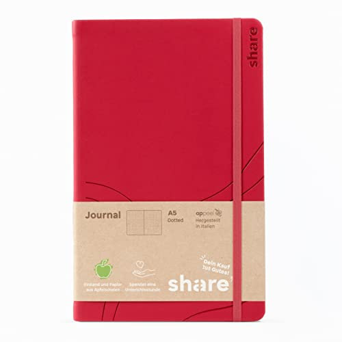 share Journal A5 punktkariert – Notizheft spendet eine Unterrichtsstunde für ein Schulkind – Upcycling Notizbuch aus Apfelschalen – rot
