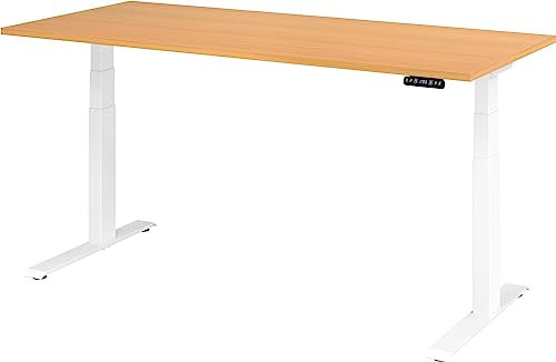 bümö elektrisch höhenverstellbarer Schreibtisch 180x80 cm in Buche, Gestell weiß mit Memory-Steuerung, elektrischer Bürotisch höhenverstellbar Gaming Tisch
