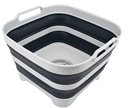SAMMART 10L Collapsible Dishpan with Draining Plug - Foldable Washing Basin - Portable Dish Washing Tub - Space Saving Kitchen Storage Tray (Grey/Slate Grey, 1)