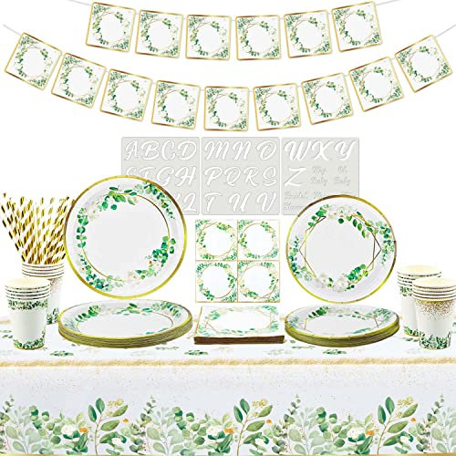 Sage Greenery Party Supplies - Jungle Safari Boho Party Supplies Including Plates, Cups, Napkins, Tablecloth, Banners, Letter Stencil - Server 20