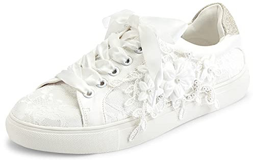 JIAJIA 8837A Wedding Shoes Bridal Sneakers Flats Bride Tennis Shoes Flowers Lace Sneakers Colour Ivory,Size 7 UK/41 EU