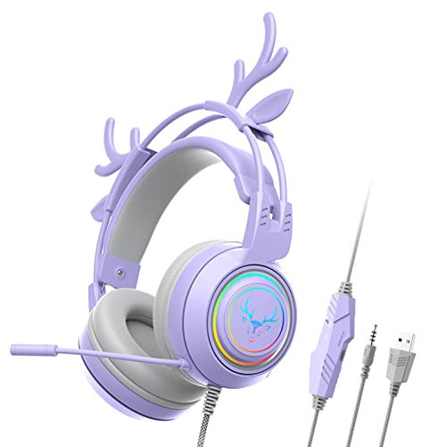 PLRG RGB Antlers Headphone, Deer Wired Headset With 360° Rotatable Mic, Lightweight 50mm Stereo Over-Ear Gaming Headset for Girls purple