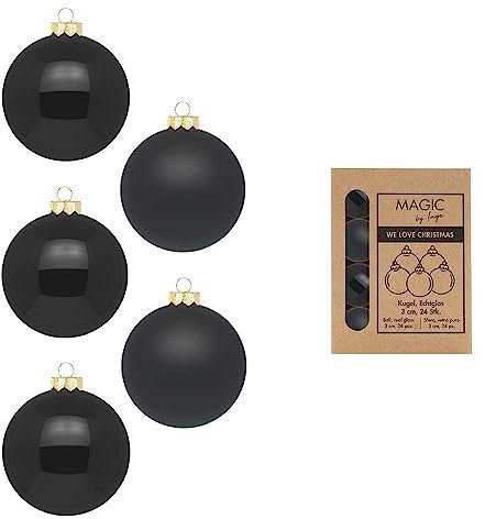 Inge-glas Weihnachtskugeln Glas 3cm x 24 Stück in Kartonbox Christbaumkugeln klein schwarz Ebony Black, gold
