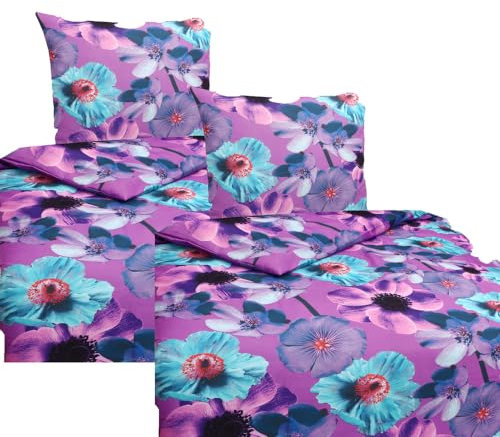 Mikrofaser Satin Bettwäsche Blumen 135x200 80x80 Set 2tlg. 4tlg. Hochwertig Lila Set 4 TLG
