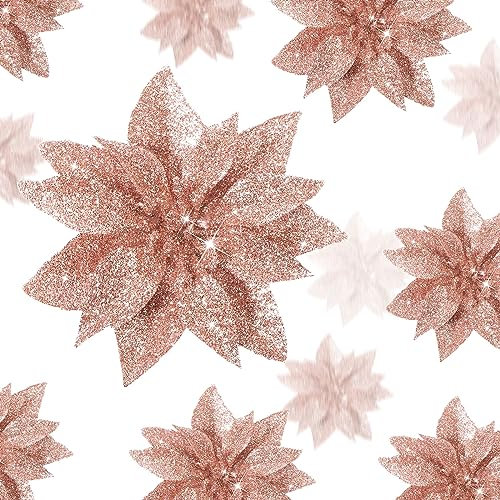 24 Stück 3 Größen Weihnachtsstern Deko Weihnachtsbaum Blumen Magnolien Blume Weihnachten Künstliche Glitzer Weihnachtsstern Blumen Ornamente mit Clips für Weihnachtsbaum Neujahr (Rose Gold)