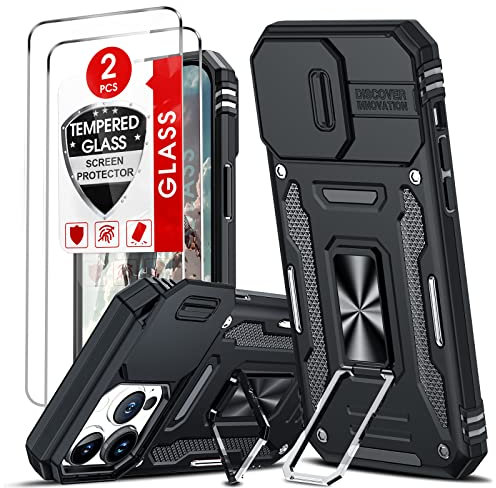 LeYi Kameraschutz Hülle für iPhone 14 Pro Max 6.7 Handyhülle & 2 Glasfolie Schutzfolie, Metall Ring Ständer Schutzhülle Kamera Schutz Schiebeabdeckung Militär Standard Cover Handy Hüllen Schwarz