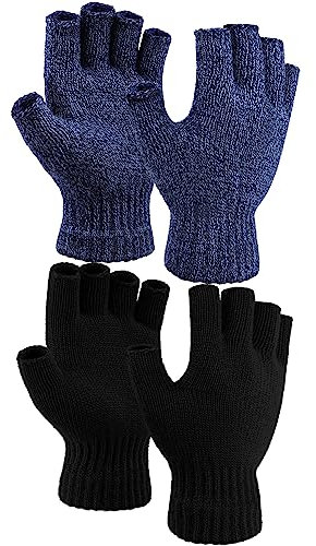 COORABY 2 Paar verdickte Kaschmir-warme Halbfingerhandschuhe Winter gestrickte fingerlose Handschuhe für Damen und Herren, Schwarz, Schwarz mit Marineblau, M