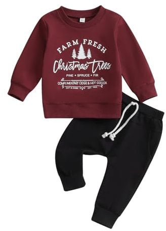 Geagodelia Little Kid Baby Boy Christmas Outfit Sweatshirt Long Sleeve Top + Trousers Newborn My First Christmas Clothes Set (Burgandy, 6-12 Months)