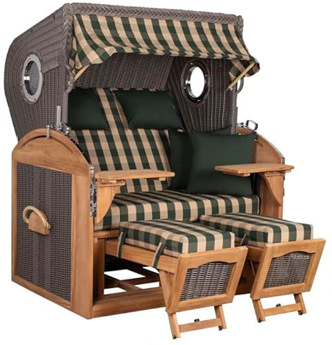 MR. DEKO Strandkorb Schillig Teak, Volllieger Strandstuhl Liegestuhl, PE Geflecht Grey, Teakholz, Bullauge, inkl. 4 Kissen, Wechselpolster Strandkörbe für Garten, Terrassen (Dessin 506)