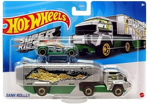 Hot Wheels Super Rigs Bank Roller (grün/silber), Druckguss-Schlepper und Fahrzeug-Set