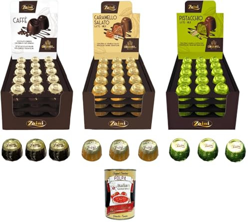 Pack d'essai ZAINI Chocolat Noir à la Crème de Café Expresso, Crème et Pailles de Pistaches,Chocolat au lait à la crème de caramel salé+Italian gourmet polpa 400g