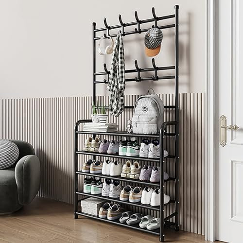 HaoJieHan Garderobe Und Schuhregal, 5-Tier Eingangsgarderobe, Garderobe Und Schuhregal, Garderobe Mit Schuhaufbewahrung Garderobe Freistehend Mit 8-Haken Black,172x80x26cm