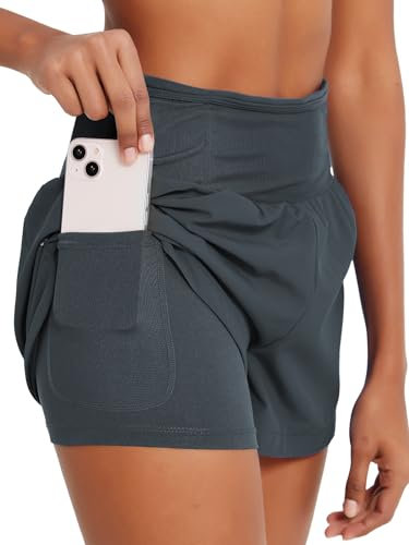 Monbessi Sporthose Damen Kurz mit Taschen Running Shorts High Waist Badeshorts Damen Sommer Tennishose für Yoga, Jogging, Training, Golf(L, Grau)