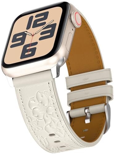 TOPsic Leder Armband für Apple Watch SE 2 40mm, Blumen Gravierte Leder Ersatzarmband Premium Armband für Apple Watch 41mm 40mm 38mm, Armband für iWatch Series 9 8 SE2 7 6 SE 5 4 3 2 1