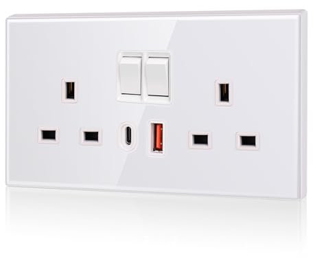 CNBINGO USB Type C Glass Double Socket, 20W Max Fast Charging, Double Switched Socket with 20W PD USB C and A, 2 Gang Electric Power Socket, White Wall Outlet with Tempered Glass Panel