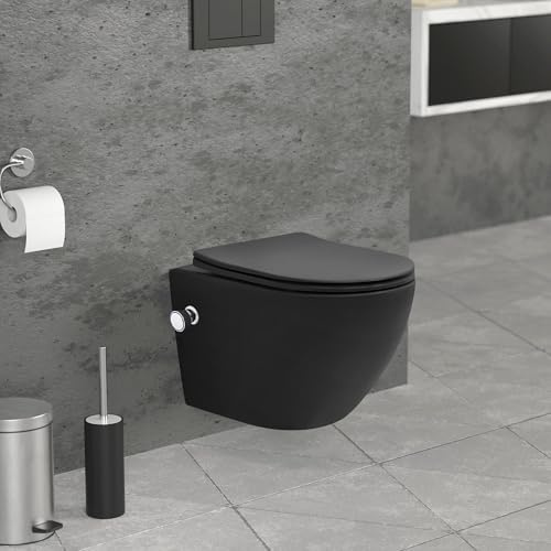 LuxeBath Wand WC Spülrandlos mit Bidet-Funktion Schwarz matt kurz 49cm, Tiefspüler Tornadospülung Keramik Hänge WC Dusch WC mit Nano Beschichtung, Kloschüssel Hängend WC-Sitz Absenkautomatik abnehmbar