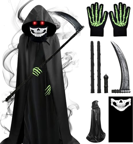 DaengGeGe Sensenmann Kostüm, 150cm Halloween Grim Reaper Kostüm, Schädelmaske Set mit 150 cm Reaper Umhang, Sense, Maske, Handschuhe, mit Kapuze für Halloween, Karneval Cosplay