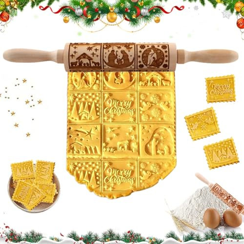 Mattarello Natale, Mattarello Inciso, 35 * 4.5cm Goffratura Mattarello, Mattarello in Legno 3D, Goffratura Rullo di Legno, Mattarello in Rilievo Utensile per DIY Cottura Biscotti Impasto Pizza