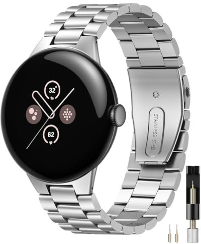 Miimall Metall Armband Kompatibel mit Google Pixel Watch 3 45mm Armband 2024, Edelstahl Doppelte Faltschließe Verstellbares Ersatzarmband für Pixel Watch 3 45mm 2024-Silber