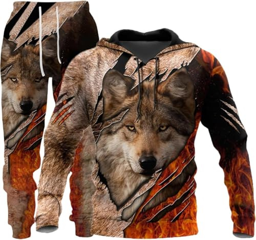 lFTEGUFKXS 3D Wolf Herren Kapuzen Hose Herren Christmas Trainingsanzug Jogginganzug Pullover Set