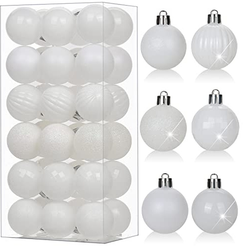 Oairse 36 pcs 4cm Pearl-White Christmas Baubles Mini Shatterproof Tree Ornaments with Hanging Strings, Small Christmas Tree Decorations Set for Wedding Holiday Party Wreath Xmas Halloween Home Decor