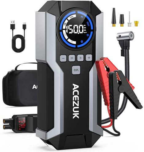 ACEZUK Booster Batterie Voiture 6000A, Démarreur de Voiture avec Compresseur à Air, 150PSI Gonfleur Pneus Voiture, 12V Jump Starter pour Véhicule(Tout Gaz ou 12L Diesel), 600 Lumens LED