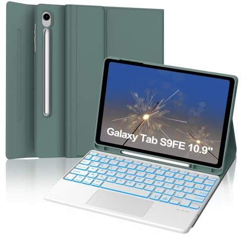 IVEOPPE Coque Clavier pour Samsung Galaxy Tab S9 FE/S10 FE 10.9/S9 11 avec Touchpad, Coque Clavier AZERTY Français Rétroéclairé Bluetooth pour Samsung Tab S10 FE/S9 FE 10.9/S9 11, Vert Foncé