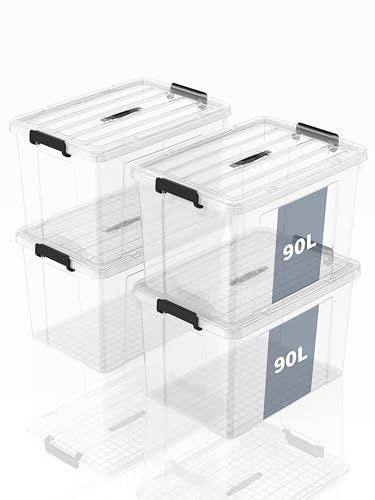 SpaceXpert Aufbewahrungsboxen, Lagerboxen, Tragefähige Kunststoffboxen mit Griff, Stapelfähiger Organisationsbehälter für Schlafzimmer, Unrat, Schule, Transparent, 90L (4er Set)