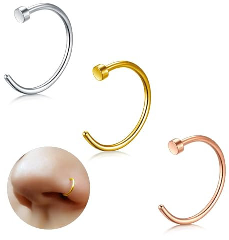 ESHIONER G23 Titane Faux Piercing Nez Anneaux Septum Piercing Oreille Cartilage Helix Piercing Anneaux de Tragus 18G 20G 10MM Argent Or Or Rose 3PCS Hypoallergénique Faux Anneau Nez Piercing