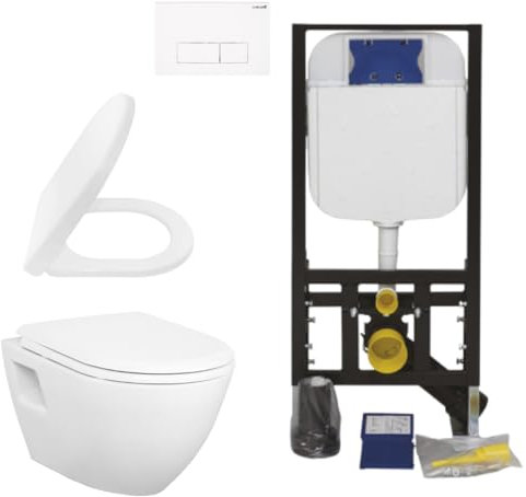Creavit Hänge WC Set Weiß Keramik Wand WC mit Softclose Sitz und Unterputz Vorwandelement Spülkasten 3/6 L Komplettset