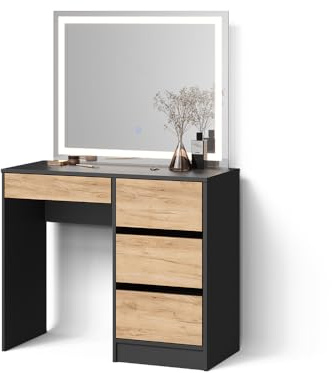 Livinity Schminktisch Imola, Anthrazit/Goldkraft Eiche 90 cm | ✓ LED-Spiegel · 4 Schubladen · Freistehend · Grifflose Optik · Kompakte Form