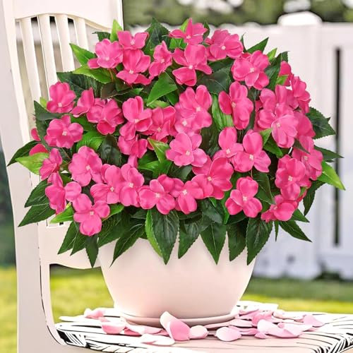 Weldomcor 3 Bundles Artificial Impatiens Flowers for Outdoors Rose Red Silk Faux Impatiens Flowers UV Resistant Shrubs Plants for Pot Patio Garden Balcony Hanging Basket Window Box Porch Decor