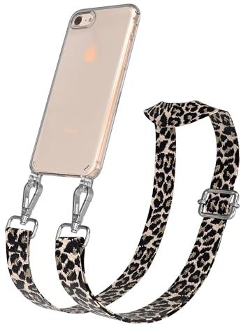 EAZY CASE Handykette - Verstellbares Taschenband kompatibel mit iPhone SE (2022/2020) / iPhone 8/7, Schulterriemen, Handykordel mit Silikon Hülle, Umhängetasche, Leo - Schwarz Beige Silber