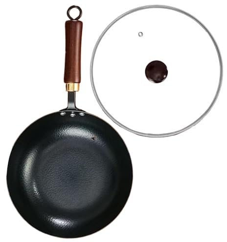 Rurunklee Iron Wok Pan | Japanese Iron Pan with Wooden Lid,Hand-Forged Uncoated Pot Non-Stick for Induction Hob Natural Cooking Kitchen Home Restaurants Camping