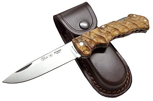 MIGUEL NIETO Navaja Storm 203-F, Plegable, con Hoja de Acero Vanadio 1.4116 de 8,5 cm, Mango de Madera Natural de Olivo Customizado, Sistena de Cierre Lockback. Con Funda de Cuero color Marrón