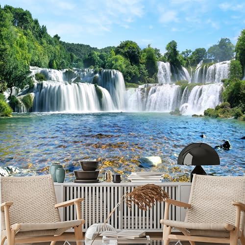 Custom Size Wall Murals, Multi - Tiered Waterfall & Clear Pool Self - Adhesive Wall Fabric Removable Large Photo Wallpaper for Living Room, Bedroom, Bathroom, Office, Dining Room, Kid's Room