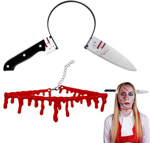 WINUSD 2pcs Halloween Fake Messer durch Stirnbänder Kits, Halloween Vampir Fake Blut Halskette und Fake Schere Stirnband
