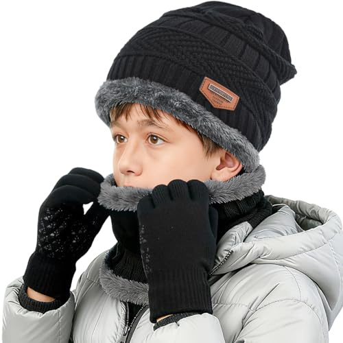 ZEXIAN Kids Winter Hat, Scarf & Touchscreen Gloves Set - Warm Knitted Beanie with Fleece Lining, Neck Warmer for Boys Girls 4-15 Years（Black）