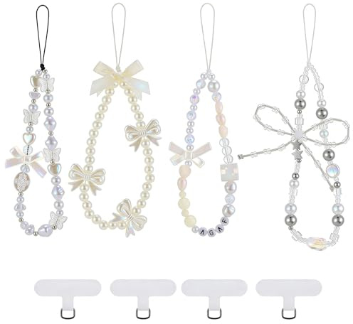 saerryor 4 Pcs Phone Charm, Beaded Phone Bracelet Strap Y2K Pearl Bow Cell Phones Wrist Strap Anti-Lost Lanyard Keychain Charm for Women