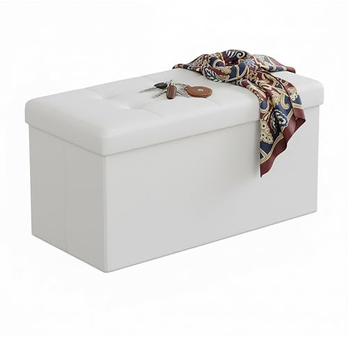 Relaxdays Sitzbank mit Stauraum, Kunstleder, faltbar, gepolstert, Flur, Schlafzimmer, HxBxT: 38 x 76 x 38 cm, weiß