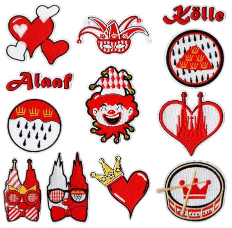 12 Stück Bügelbilder Karneval Köln – Kölsche Motive für Karneval Kostüm Damen & Herren – Alaaf Patch Set für Kleidung, Taschen & Accessoires – Bügelbilder Köln Karneval Rot-Weiß