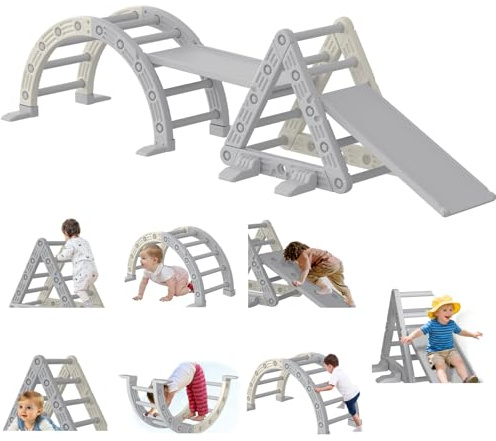 9-in-1 Pikler Triangle Set, HDPE PP Plastic Durable 1-8 Toddler Climbing Toys Indoor with Arch, Ramp, Ladder & Slide, Indoor Montessori Toddler Playground Jungle Gym Playset for Toddlers, White
